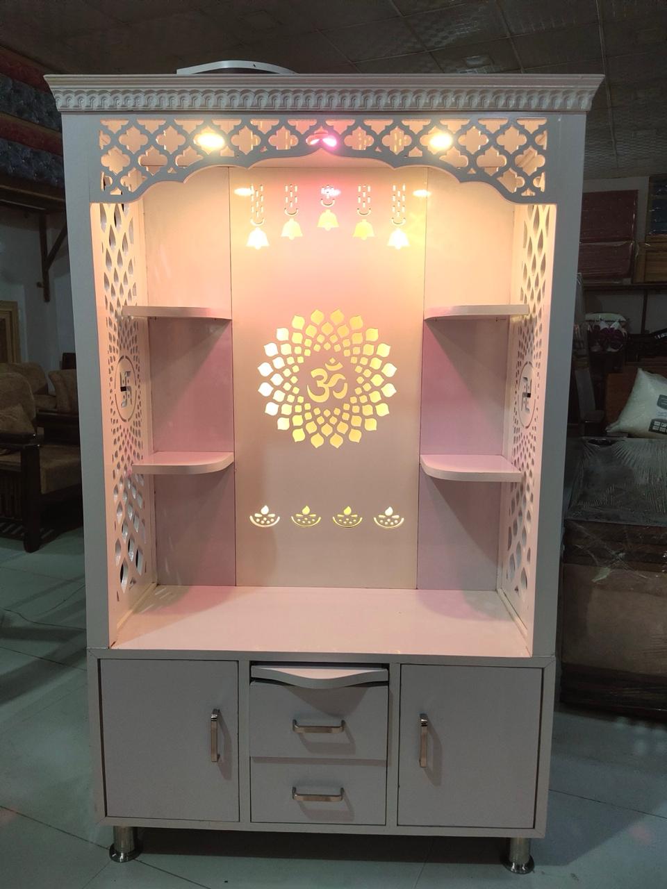 Premium White Wooden Mandir for Home with LED Lights & Storage Cabinet | Modern Pooja Temple Unit - Image 2