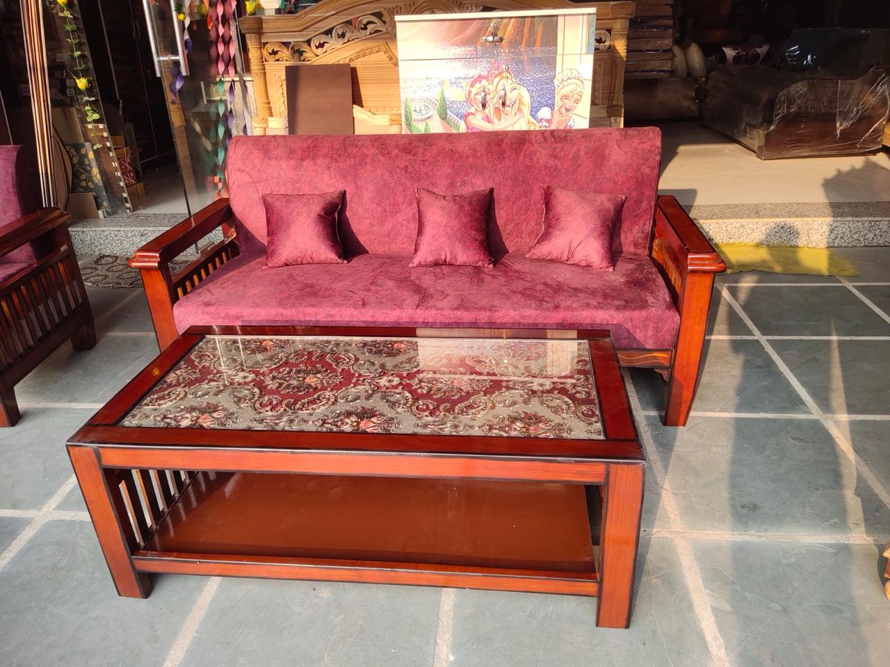 Shangwan Wood 5 Seater Sofa Set with Glass Top Center Table – Modern Living Room Furniture (Copy) - Image 3