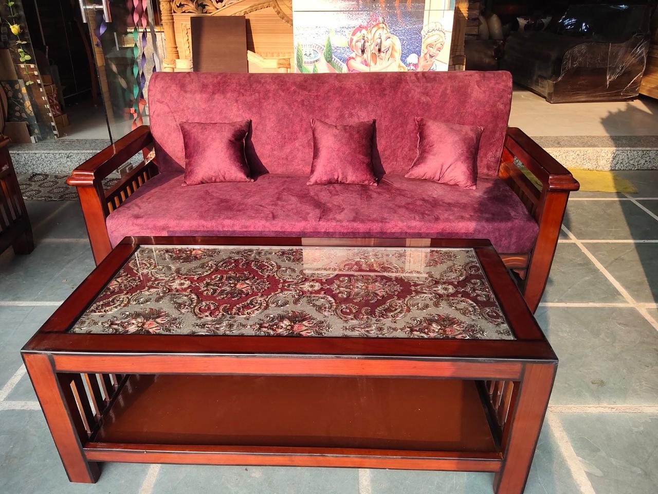 Shangwan Wood 5 Seater Sofa Set with Glass Top Center Table – Modern Living Room Furniture (Copy)