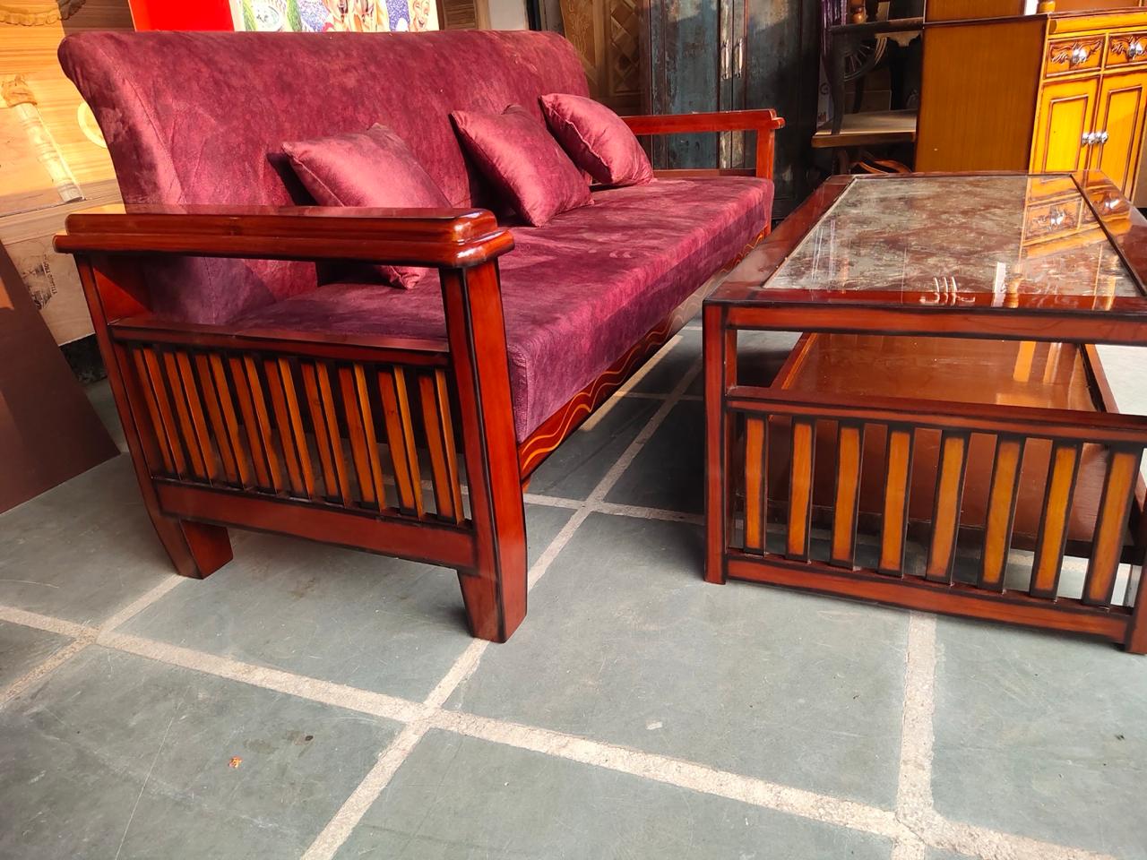 Shangwan Wood 5 Seater Sofa Set with Glass Top Center Table – Modern Living Room Furniture (Copy) - Image 5