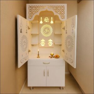 Modern White Engineered Wood Home Temple with LED Lights & Spacious Storage