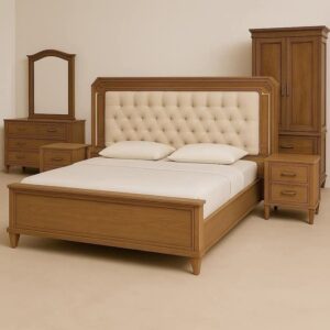 Premium Solid Wood Bed Set with Tufted Headboard | Complete Master Bedroom Furniture Suite with Wardrobe, Dresser, and Nightstands