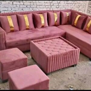 Premium L-Shape Velvet Sofa Set with Golden Stripe Cushions, Tufted Center Table & 2 Puffy Stools | 7-Seater Luxury Sectional Couch