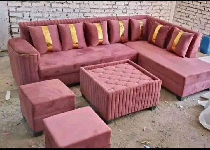 Premium L-Shape Velvet Sofa Set with Golden Stripe Cushions, Tufted Center Table & 2 Puffy Stools | 7-Seater Luxury Sectional Couch