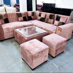 Premium Luxury L-Shape Velvet Sofa Set with Glass-Top Center Table and 2 Ottoman Puffy Stools | 7-Seater Corner Couch for Living Room