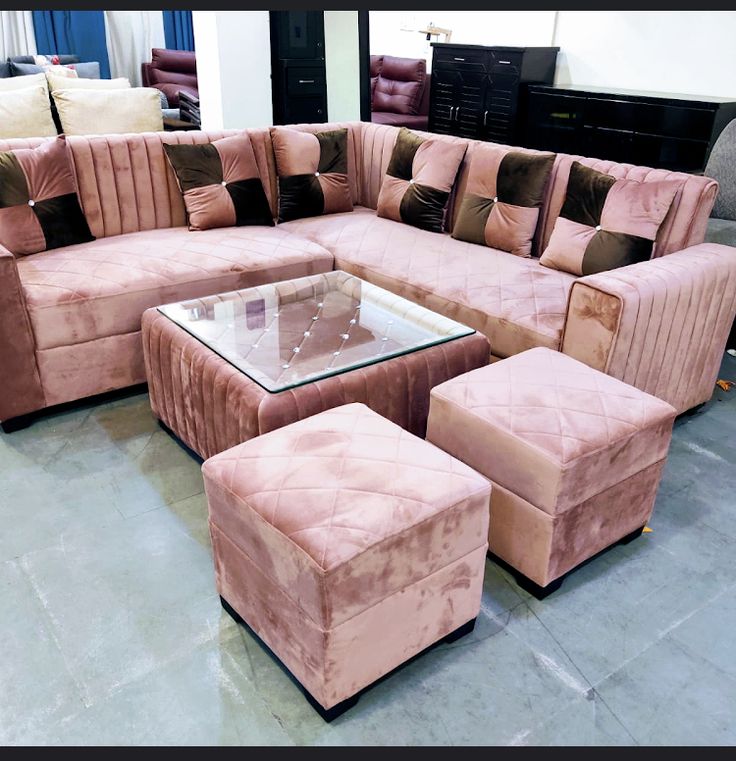 Premium Luxury L-Shape Velvet Sofa Set with Glass-Top Center Table and 2 Ottoman Puffy Stools | 7-Seater Corner Couch for Living Room