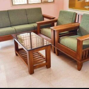 Modern Wooden 5-Seater Sofa Set with Glass-Top Coffee Table and Olive Green Cushions