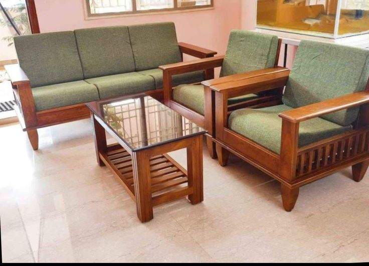 Modern Wooden 5-Seater Sofa Set with Glass-Top Coffee Table and Olive Green Cushions
