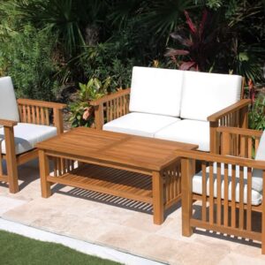 : Modern Teak Finish Wooden Patio Conversation Set with White Cushions and Coffee Table