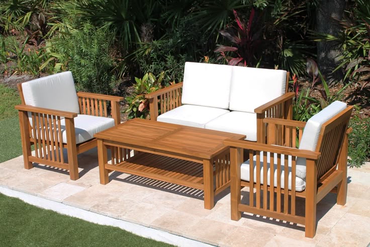 : Modern Teak Finish Wooden Patio Conversation Set with White Cushions and Coffee Table