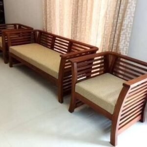 Modern Minimalist Wooden 5-Seater Sofa Set with Textured Beige Cushions