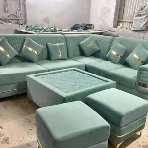 : Luxury Corner Sofa Set for Living Room | 7-Seater Velvet Sectional Couch with Golden Stripe Cushions & Poufs