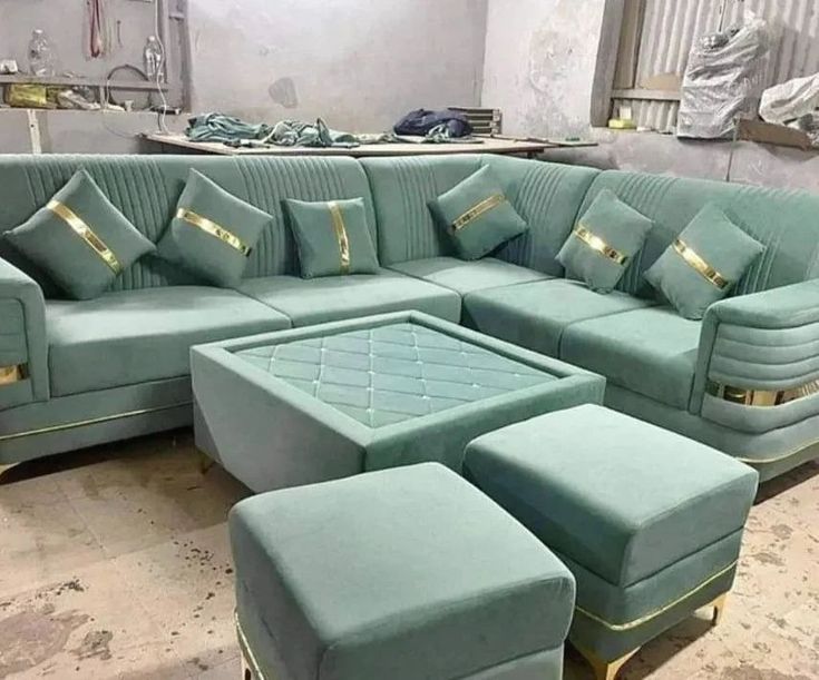 : Luxury Corner Sofa Set for Living Room | 7-Seater Velvet Sectional Couch with Golden Stripe Cushions & Poufs