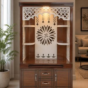 Premium Wooden Pooja Mandir with LED Om Design and Storage