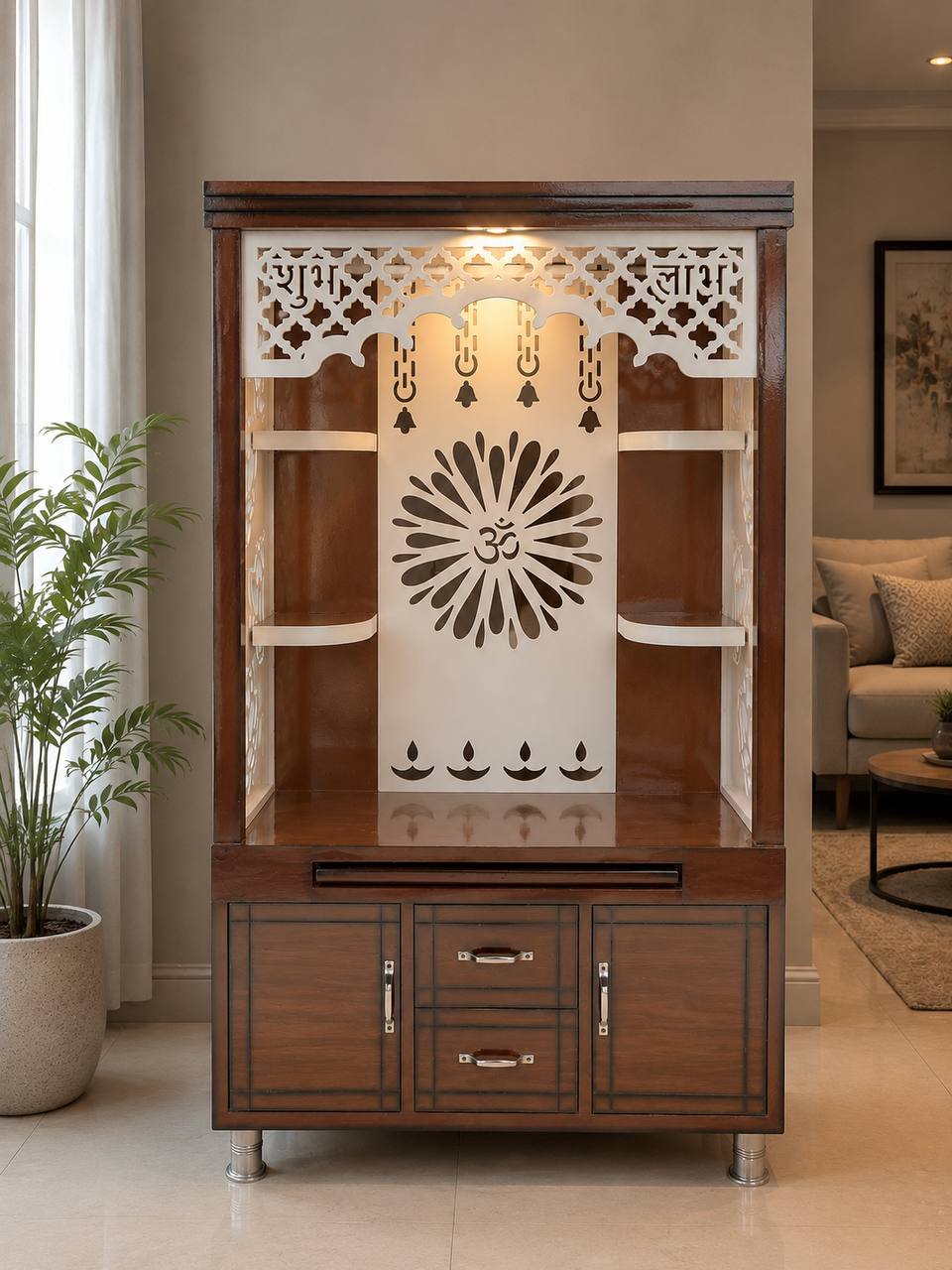 Premium Wooden Pooja Mandir with LED Om Design and Storage