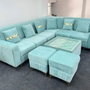 Modern Aqua Blue Velvet L-Shaped Sofa Set with Diamond and Golden Striped Cushions