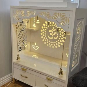 Premium White Wooden Pooja Mandir with Shikhar Domes & Hanging Bells, LED Backlit Om & Peacock Feather Design Home Temple